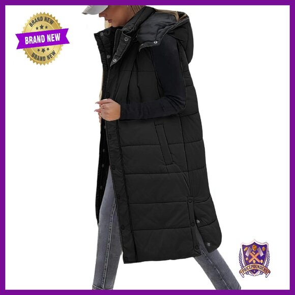 Long Hooded Puffer Vest Sleeveless Winter Coat Warm Quilted Jacket